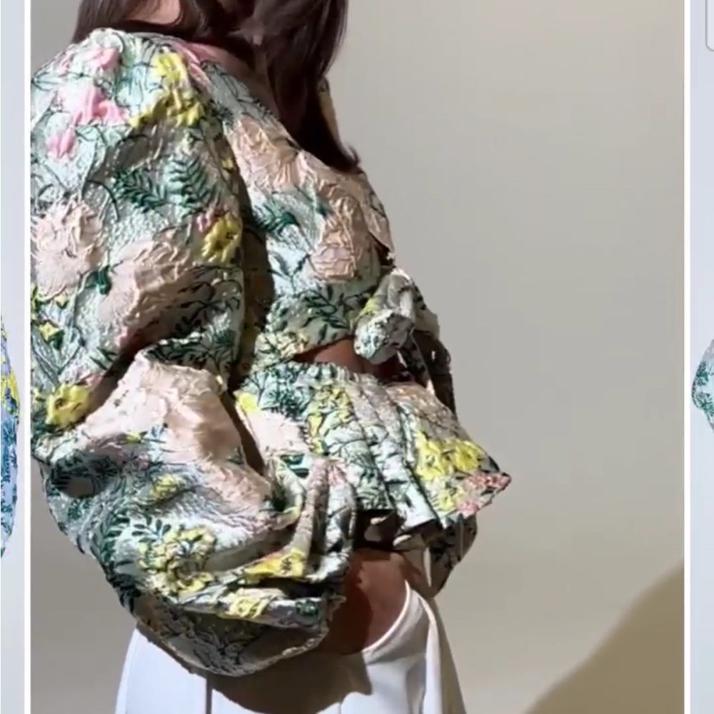 AKIRA Floral Tie-Front Puff Sleeve Blouse in Pale Pink, Green & Yellow - Picture 3 of 10